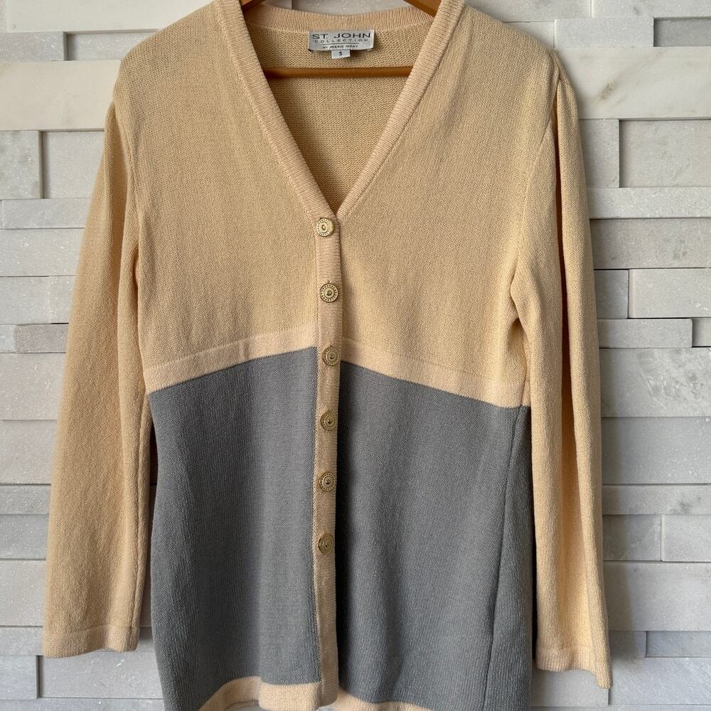 ST JOHN COLLECTION Santana Knit Color Block Cardigan Sweater Coat Gray Cream S